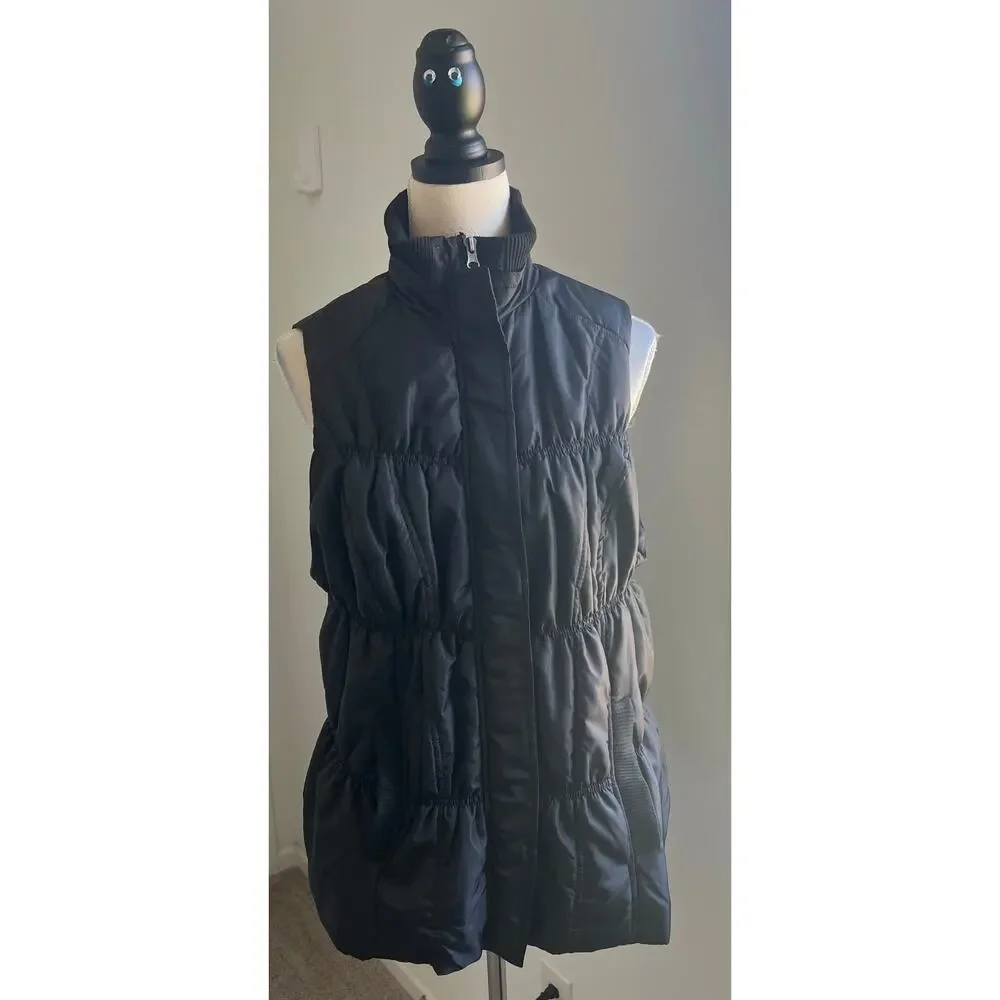 Avenue Stretchy Ruched Puffer Black with Pockets Sleeveless Zip Up Vest Sz 14/16